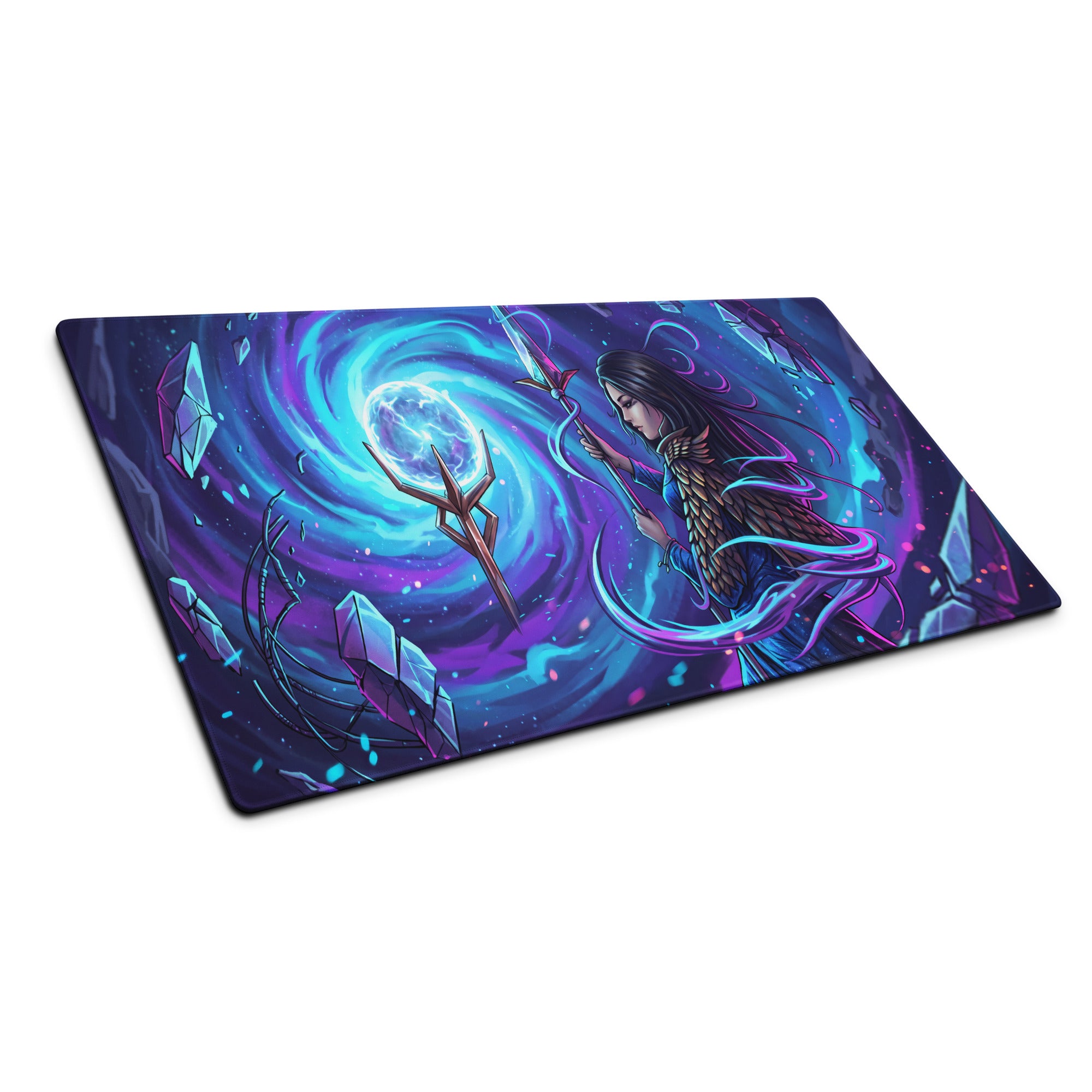 Vibrant purple and blue cosmic-themed gaming mousepad featuring a fantasy sorceress wielding a staff amidst swirling energy
