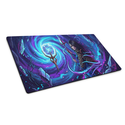 Vibrant purple and blue cosmic-themed gaming mousepad featuring a fantasy sorceress wielding a staff amidst swirling energy