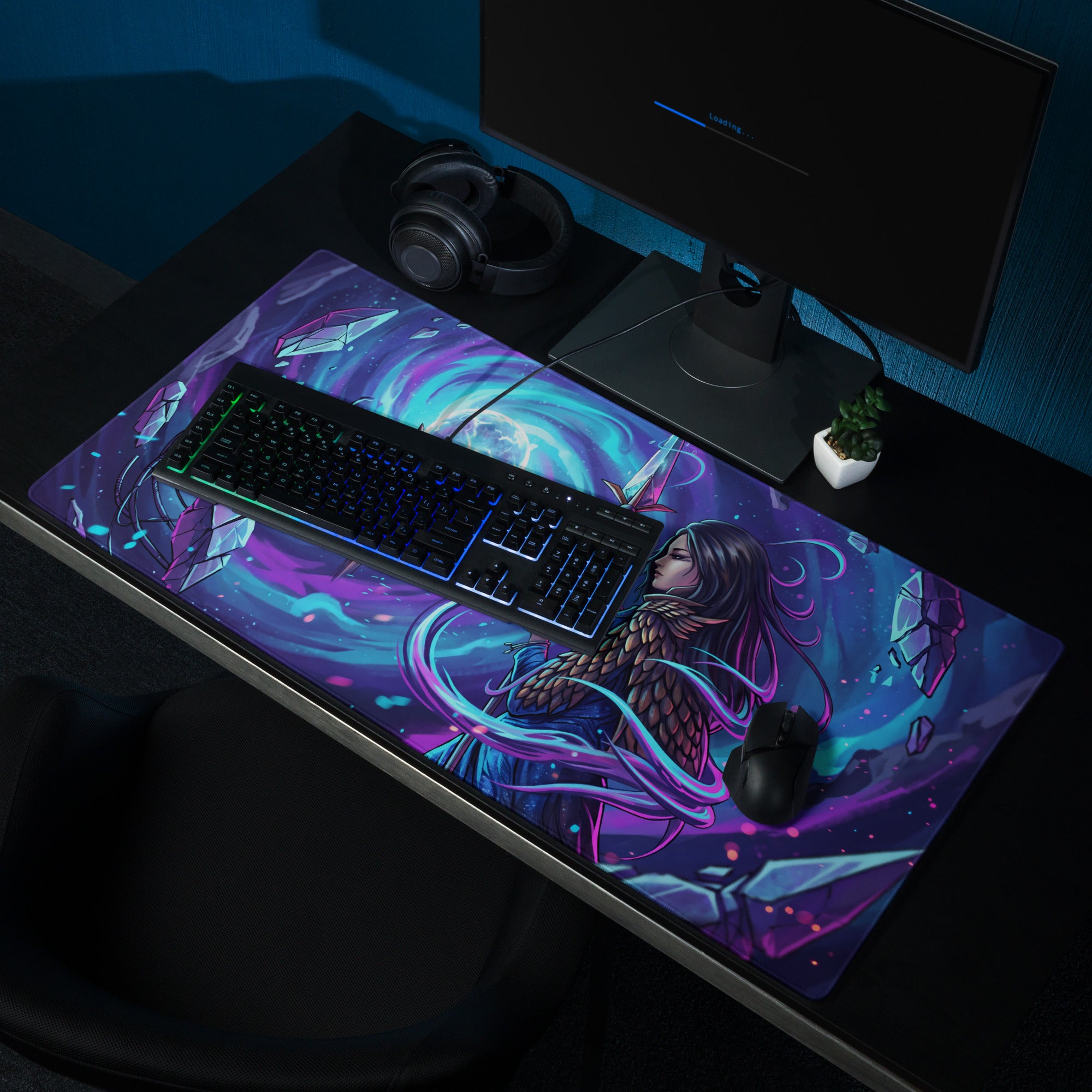 Neon vaporwave sorceress mouse pad with vibrant purple and teal cosmic design featuring a fantasy character with flowing hair