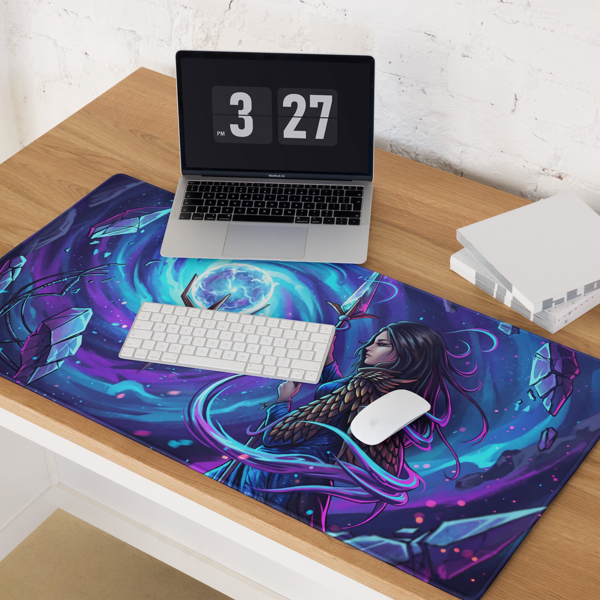 Neon vaporwave sorceress purple and blue cosmic gaming mousepad with fantasy character and swirling energy patterns