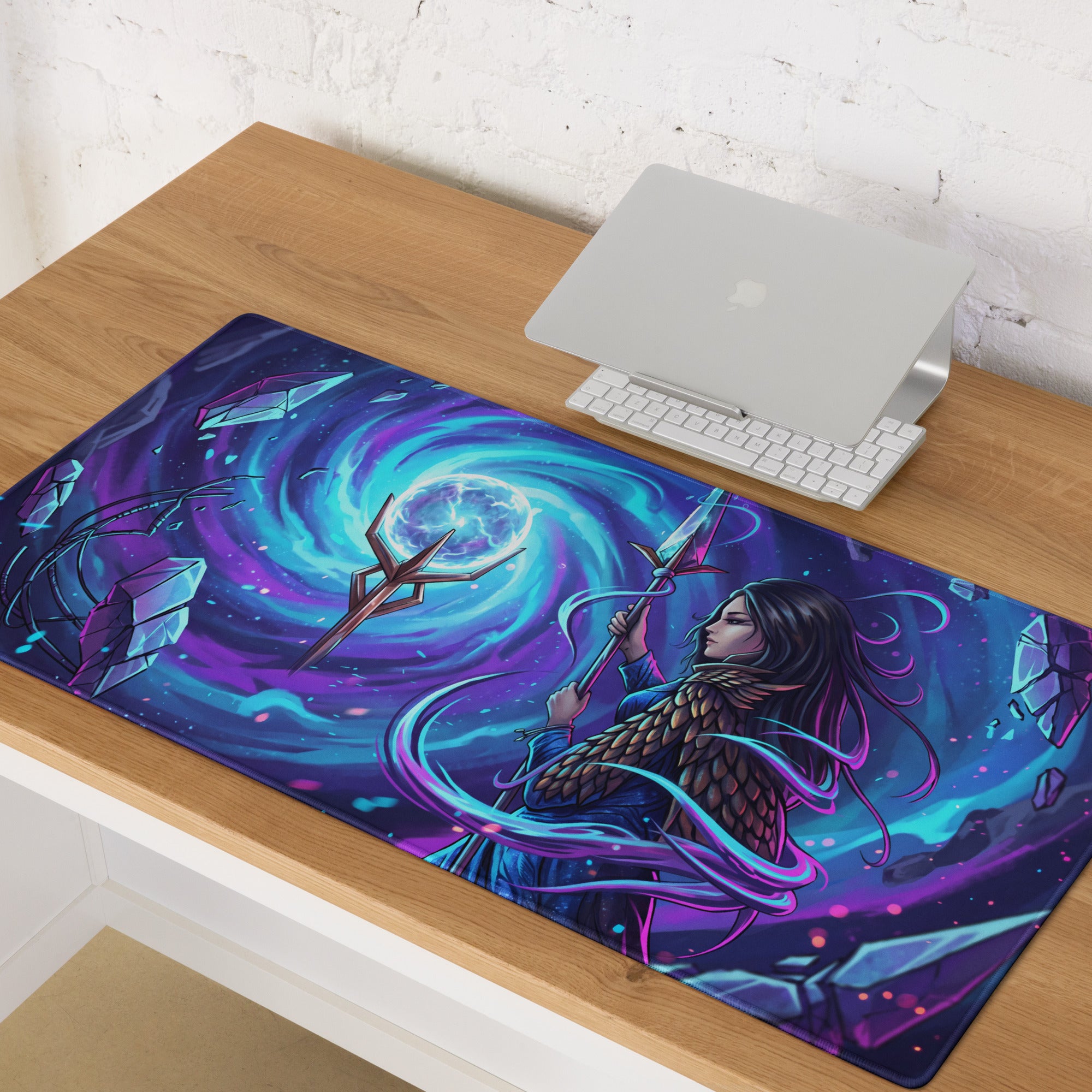 Neon vaporwave sorceress mouse pad featuring a vibrant purple and blue cosmic design with a fantasy warrior and galaxies