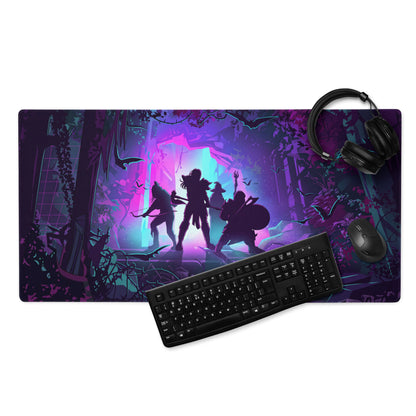 Vibrant purple and pink vaporwave jungle gaming mouse pad with silhouetted adventurers in a mystical forest design