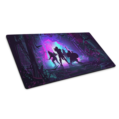 Vaporwave jungle rectangular gaming mousepad with vibrant purple pink fantasy illustration and silhouetted adventurers