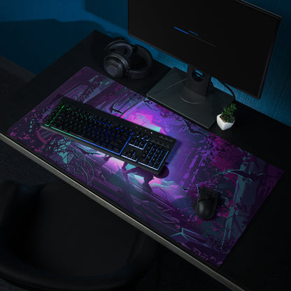 Purple and black gaming mousepad with vibrant stylized fantasy scene featuring glowing pink and teal accents