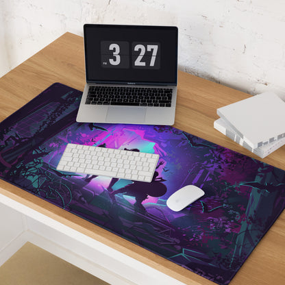 Purple and teal vaporwave jungle gaming mouse pad with character silhouette in glowing atmospheric landscape design