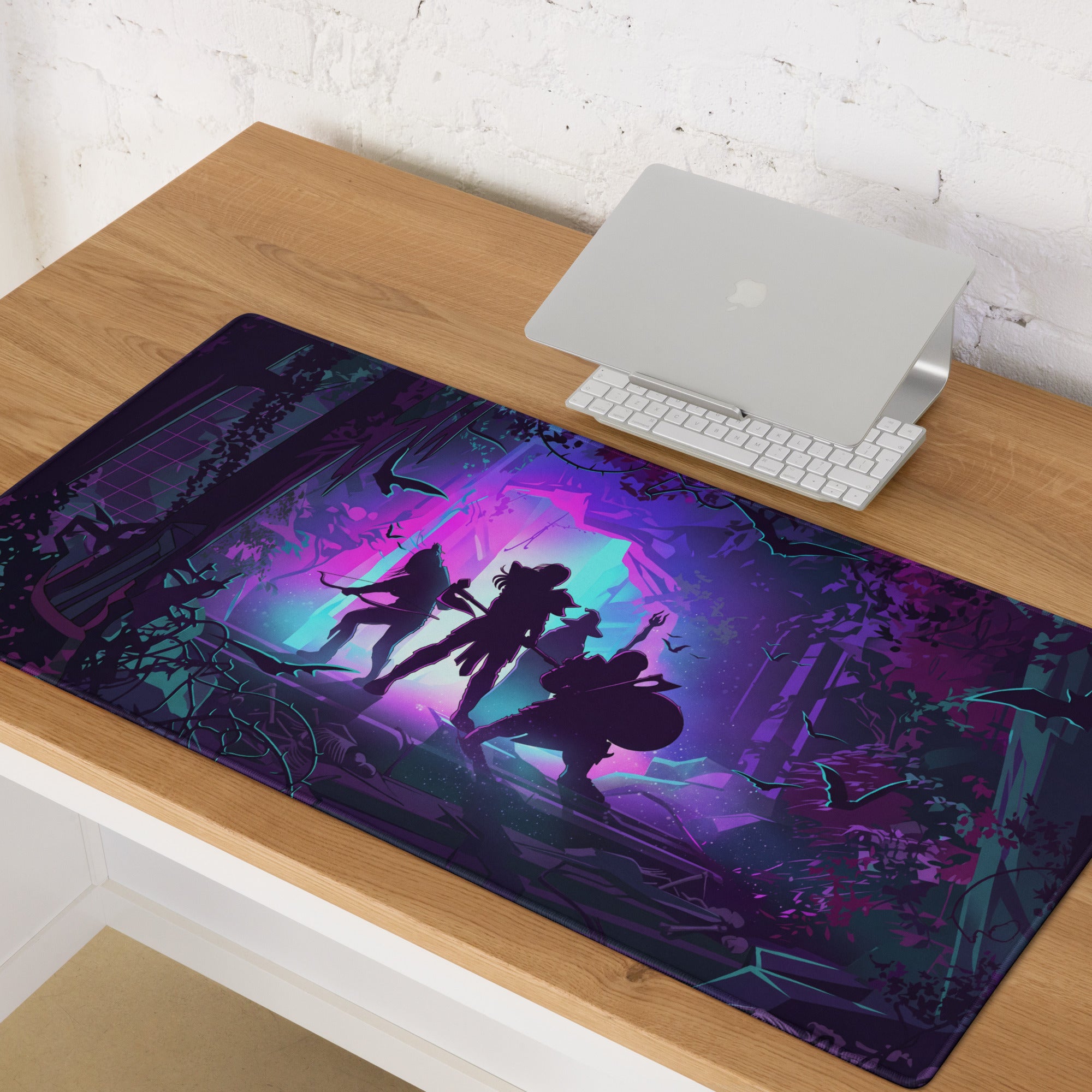 Purple and teal vaporwave jungle gaming mouse pad with fantasy adventurer silhouettes on a mystical forest background