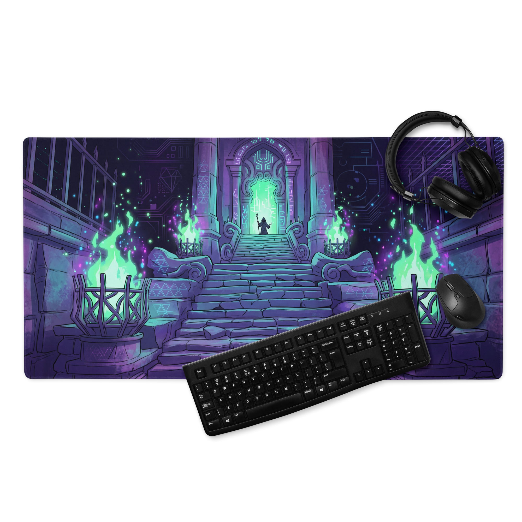 A rectangular neon vaporwave mouse pad with a vibrant fantasy stone staircase and glowing green archway in purple teal colors