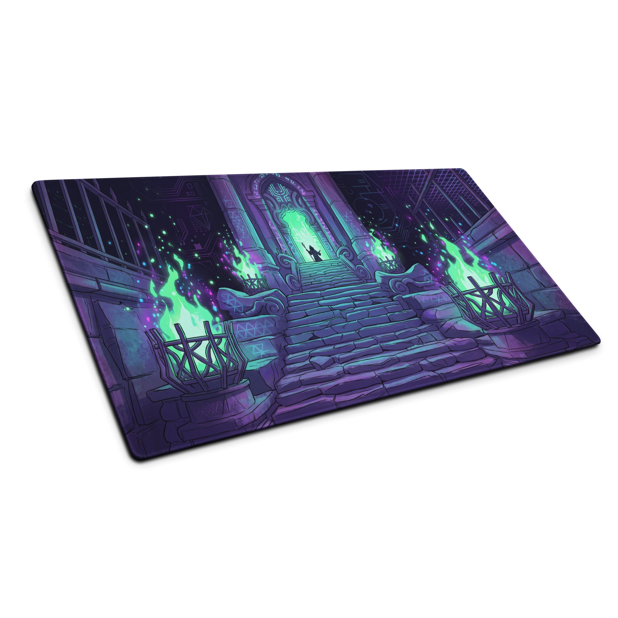 Neon vaporwave mouse pad with purple and teal fantasy stone staircase design featuring a glowing archway for gaming