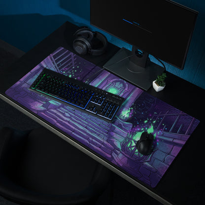 Neon vaporwave gaming mouse pad with purple teal neon green stone archway design for retro futurism desk use