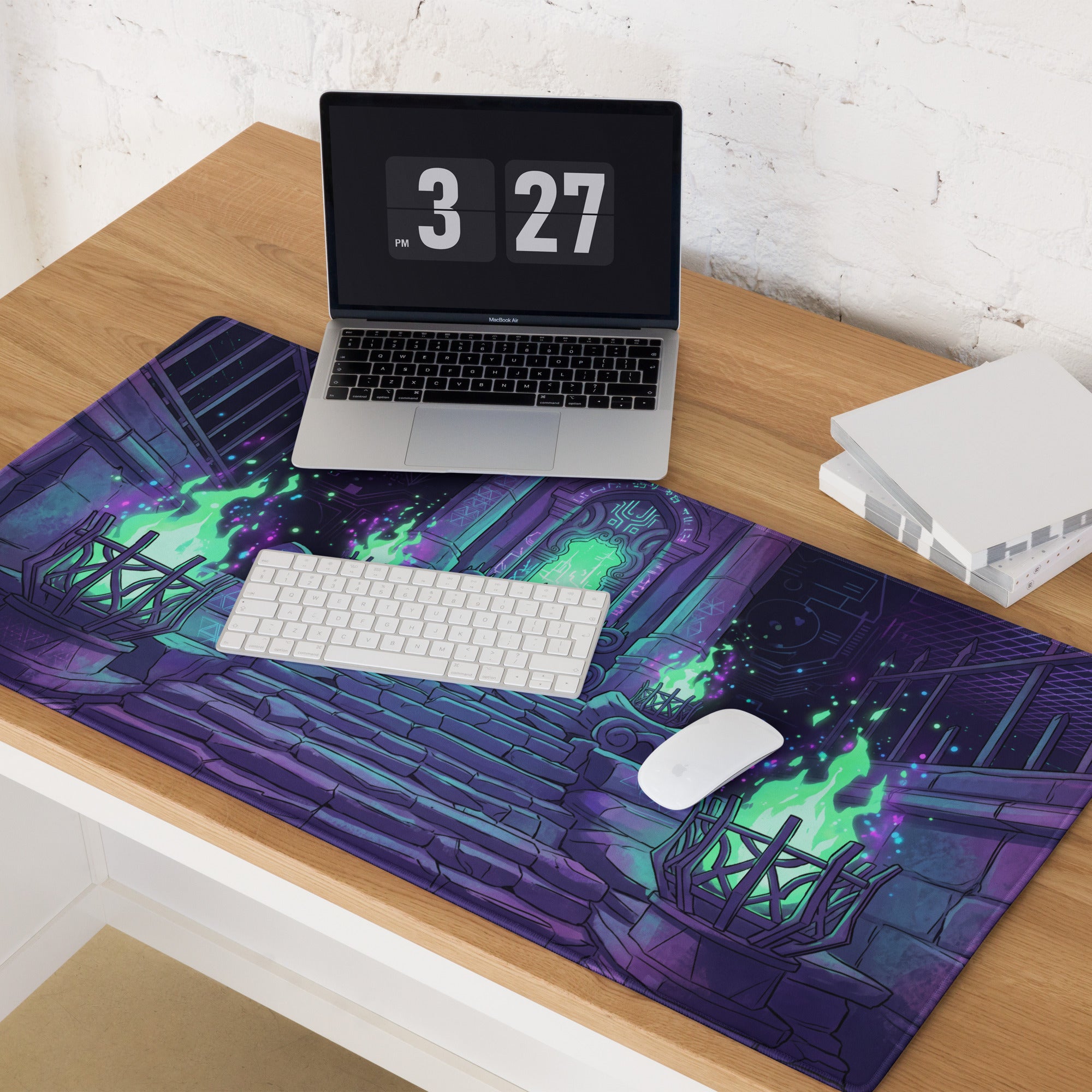 Purple and green neon vaporwave gaming mouse pad featuring a detailed ancient stone archway illustration