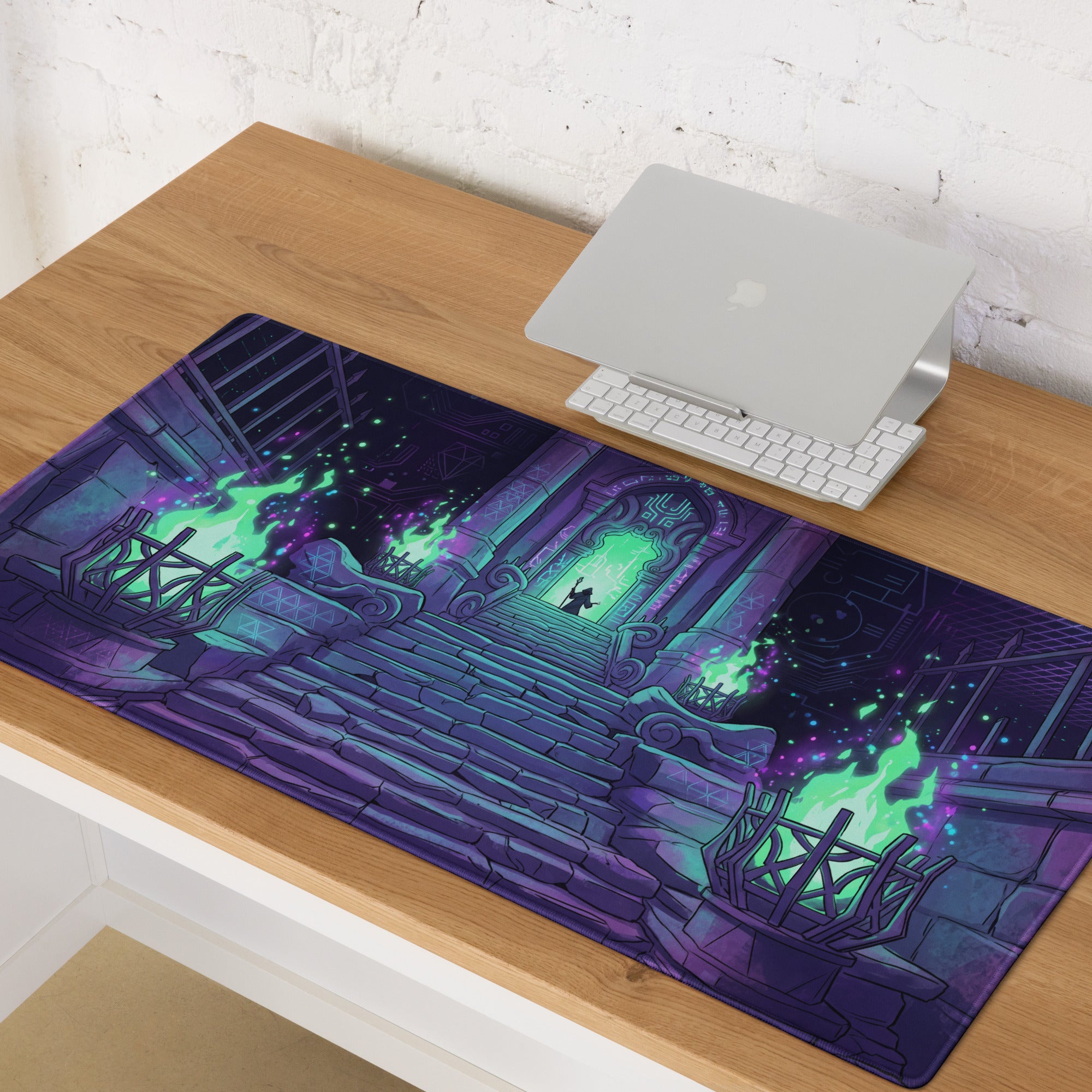 Neon vaporwave rectangular gaming mousepad with purple teal fantasy dungeon and glowing green flames design