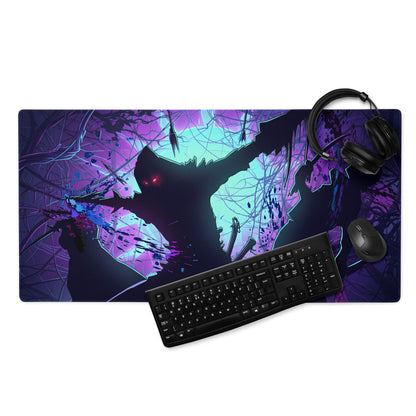 Purple and teal vaporwave neon night gaming mouse pad with dark silhouette and glowing red eyes on shattered glass background
