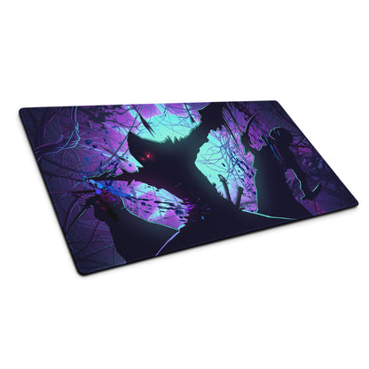 Vibrant purple and teal vaporwave neon night gaming mousepad with anime combat silhouette and shattered glass design
