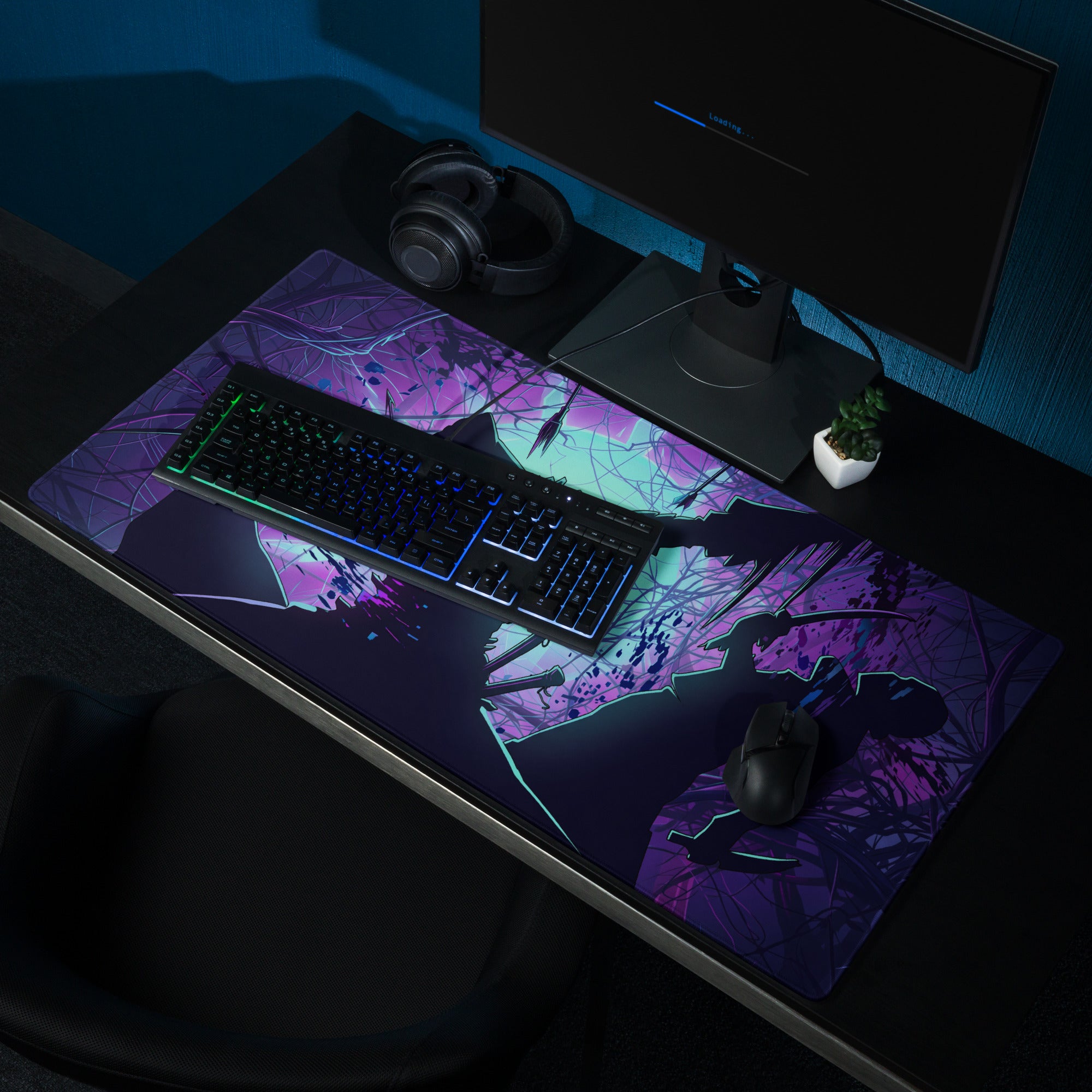 Purple and black anime-themed gaming mousepad with vibrant neon purple and blue vaporwave accents for desk decor