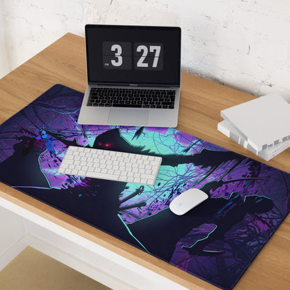 Vibrant purple and teal vaporwave neon night pad gaming mouse pad featuring dynamic anime character design