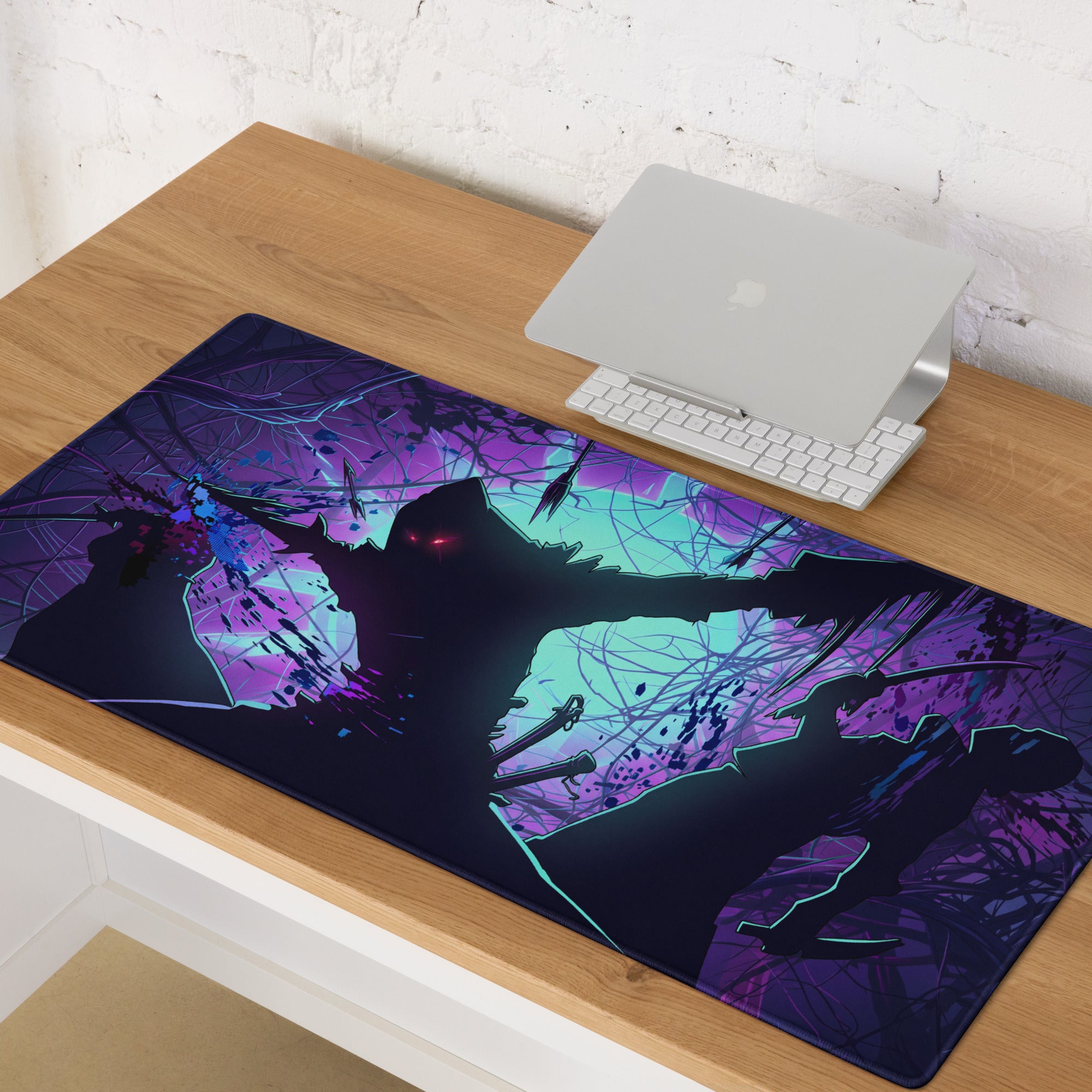 Vibrant purple and teal vaporwave neon night gaming mouse pad with dark silhouette design for desk decor