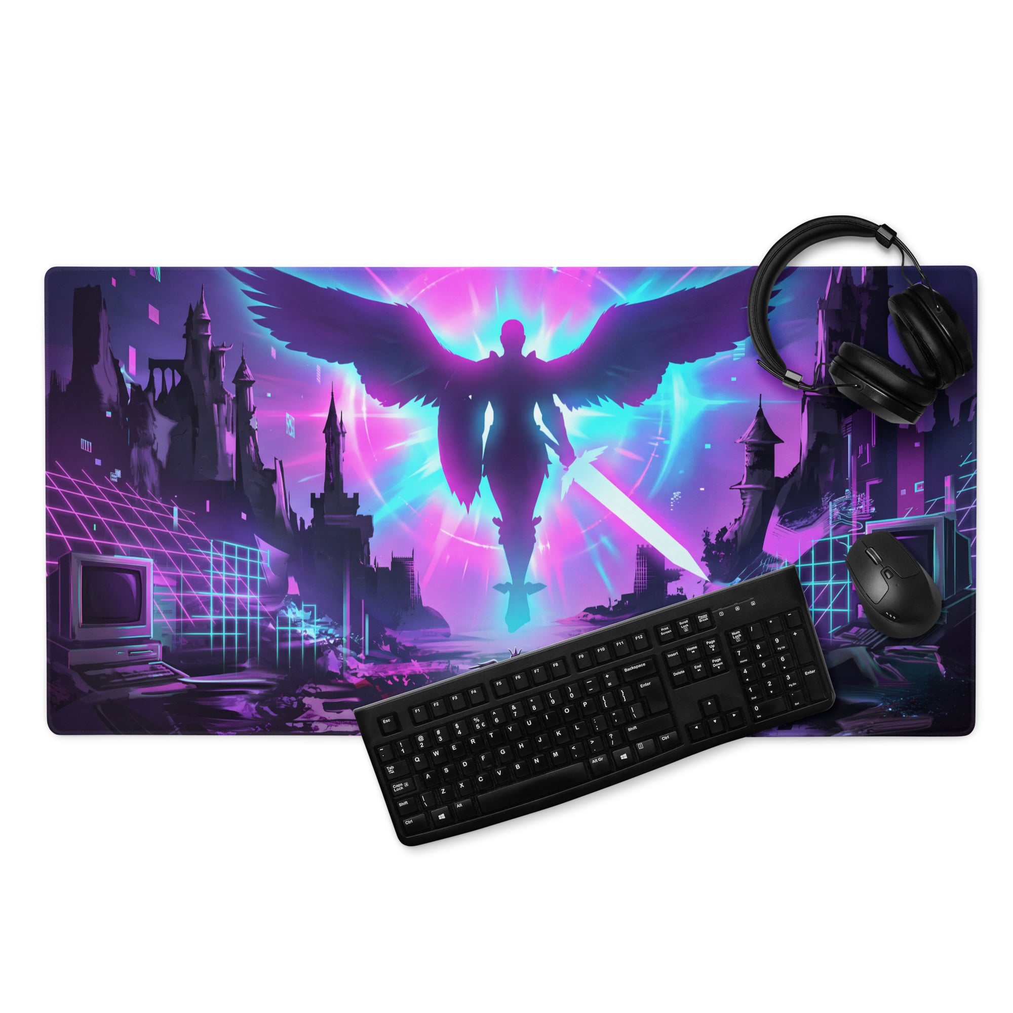 Vibrant neon pink and cyan vaporwave neon flight gaming mousepad with winged figure above futuristic cityscape