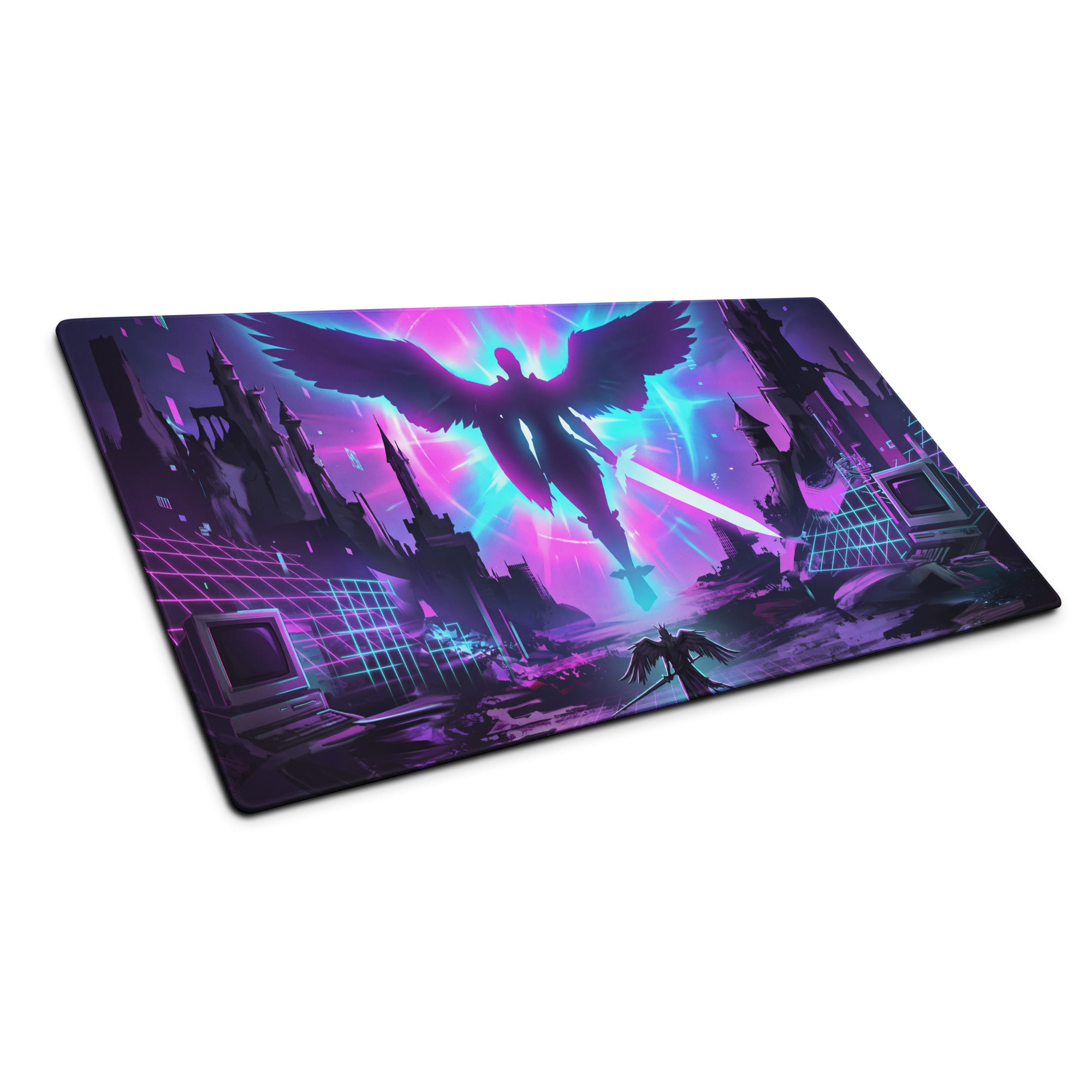 Vaporwave neon flight mouse pad with vibrant purple and cyan neon winged angel above retro-futuristic cityscape