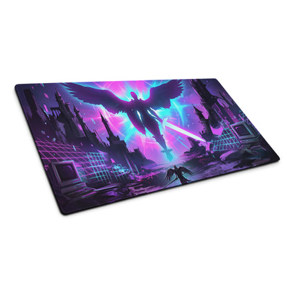 Vaporwave neon flight mouse pad with vibrant purple and cyan neon winged angel above retro-futuristic cityscape