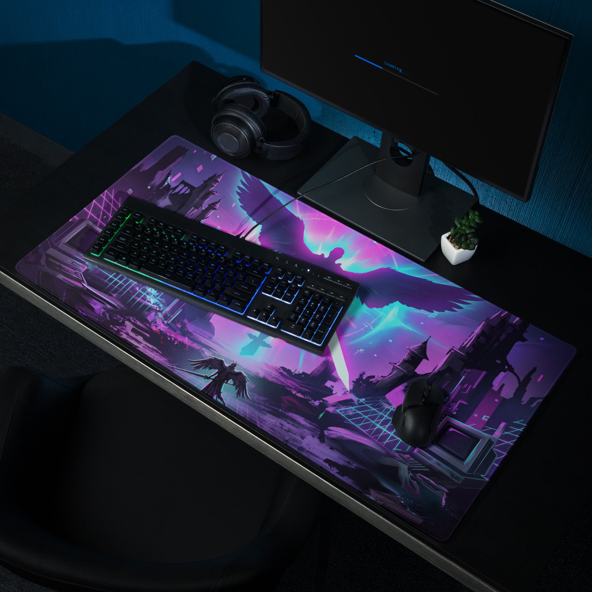 Purple and teal vaporwave neon flight gaming mouse pad with winged figures and cityscape illustration for vibrant desk setup