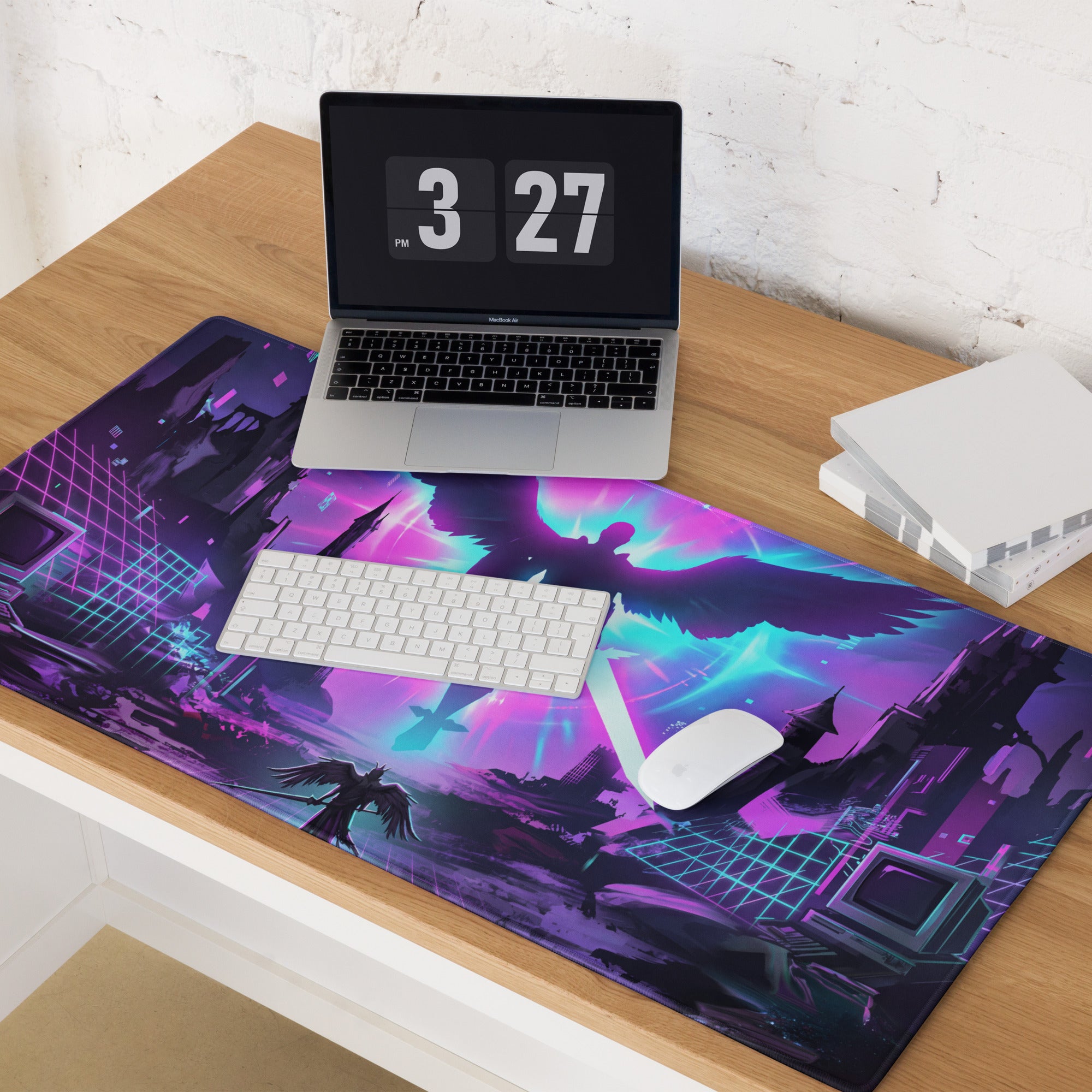 Vibrant purple and neon blue cyberpunk gaming mousepad with glowing wings and futuristic cityscape design
