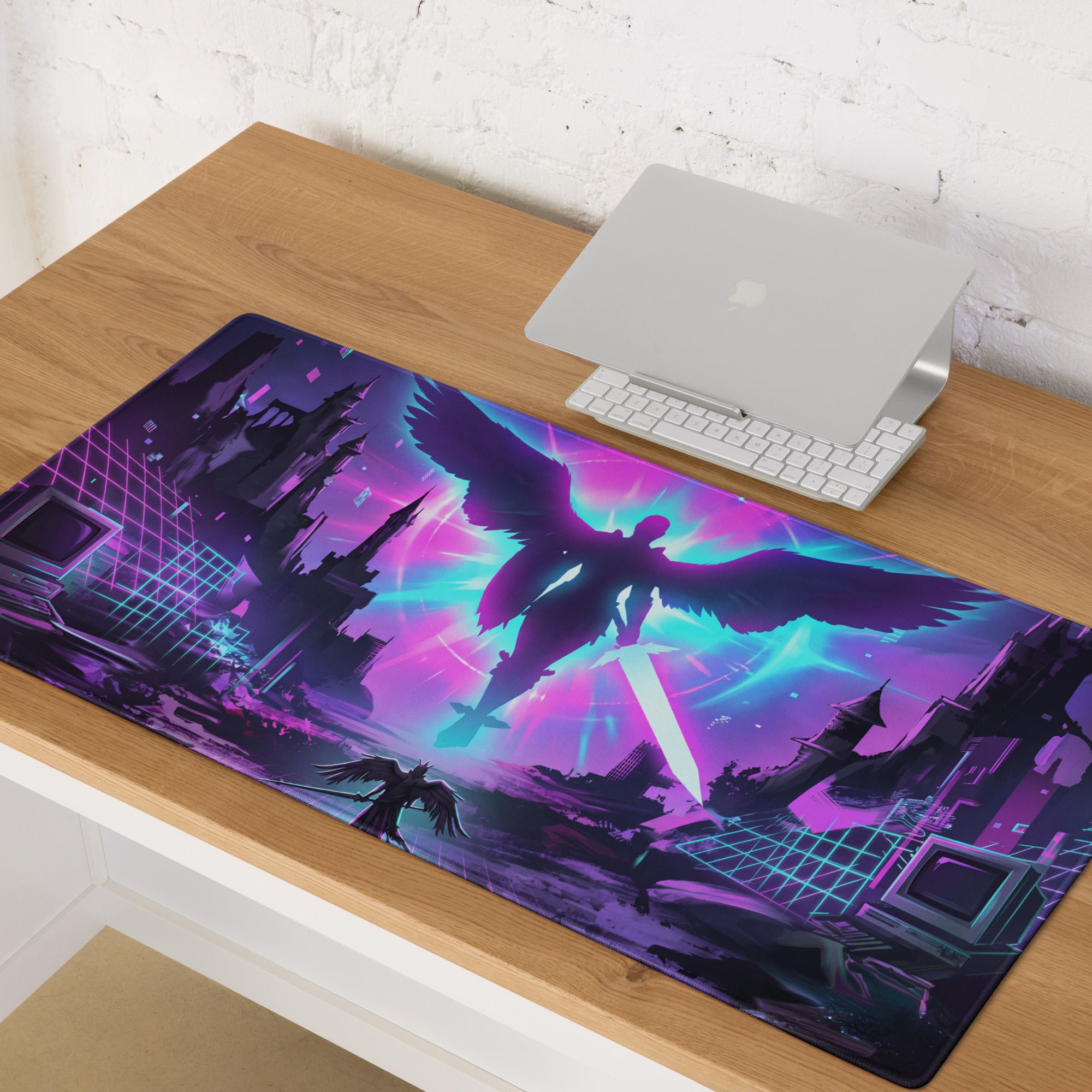 Vibrant purple and cyan neon vaporwave gaming mouse pad featuring a winged angel silhouette and futuristic cityscape design