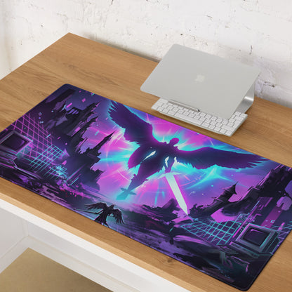 Vibrant purple and cyan neon vaporwave gaming mouse pad featuring a winged angel silhouette and futuristic cityscape design