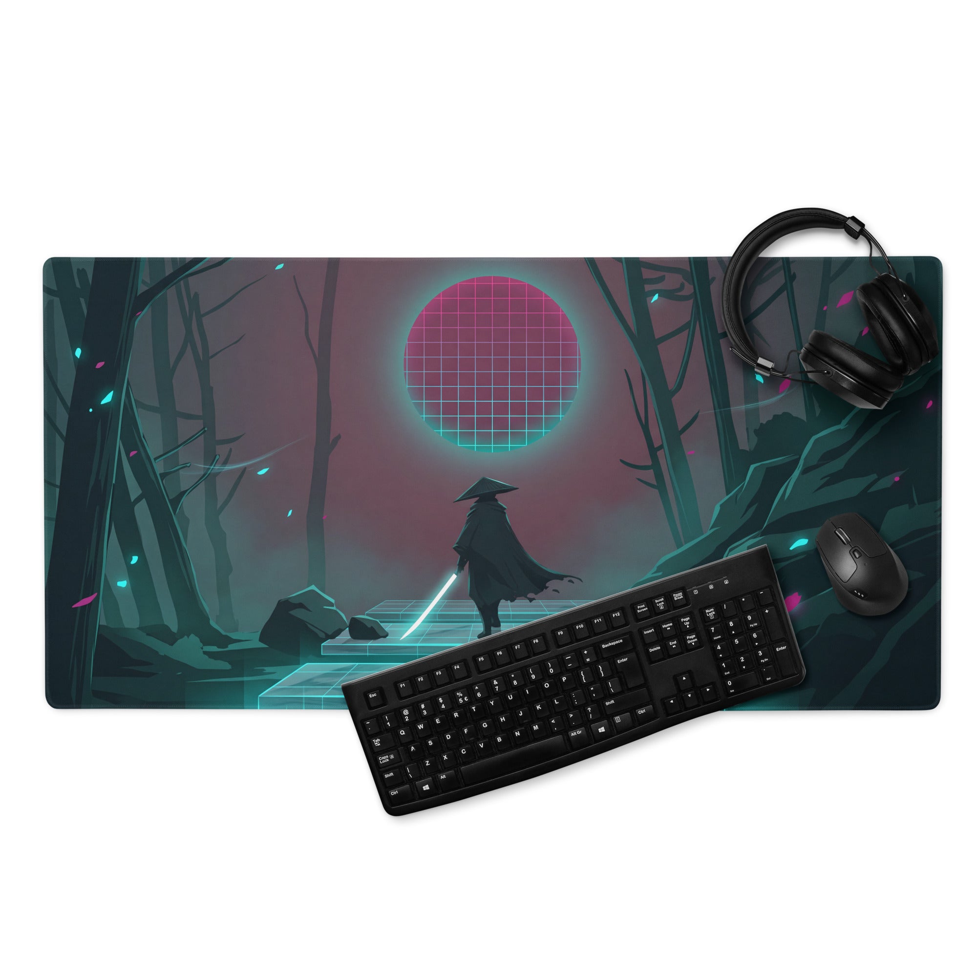 Ninjago-themed neon pink teal gaming mousepad with glowing circular design and ninja silhouette on stone steps under futuristic sky