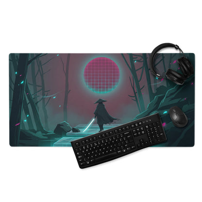 Ninjago-themed neon pink teal gaming mousepad with glowing circular design and ninja silhouette on stone steps under futuristic sky