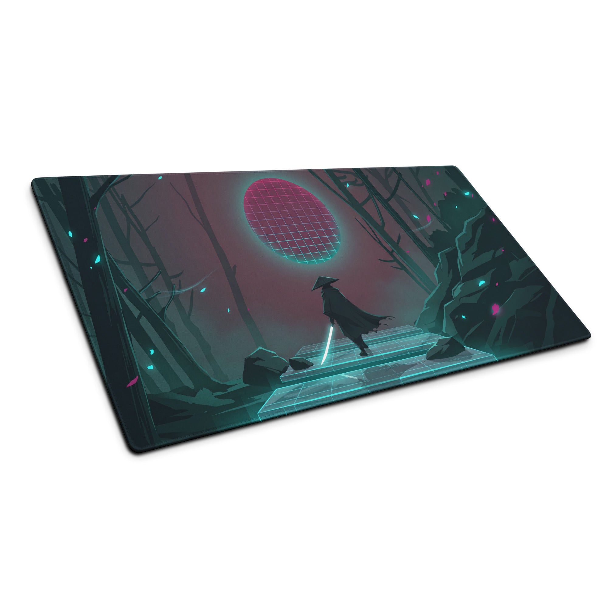 Neon pink teal vaporwave gaming mouse pad with nebula theme and silhouette walking in cyberpunk forest under grid moon
