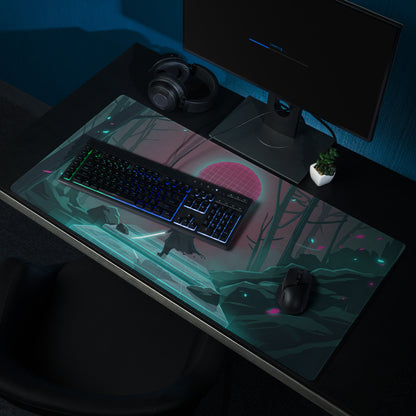 A sleek transparent vaporwave gaming mousepad with vibrant neon pink and teal cyberpunk forest digital art design