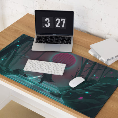 A sleek dark green and teal vaporwave mouse pad featuring a futuristic forest with glowing pink orbs and neon accents