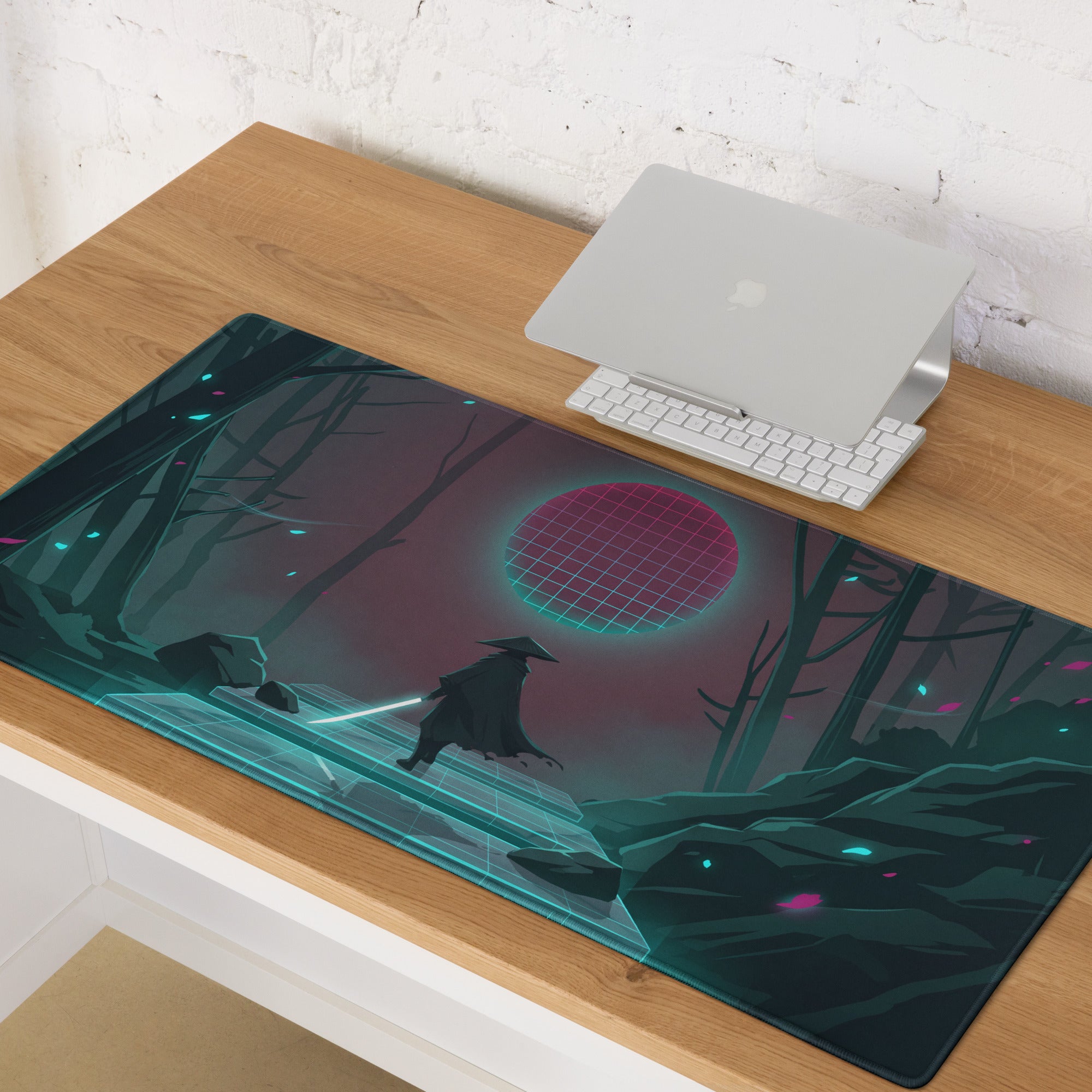 A sleek rectangular neon pink teal vaporwave gaming mousepad with a dark teal black cyberpunk forest design