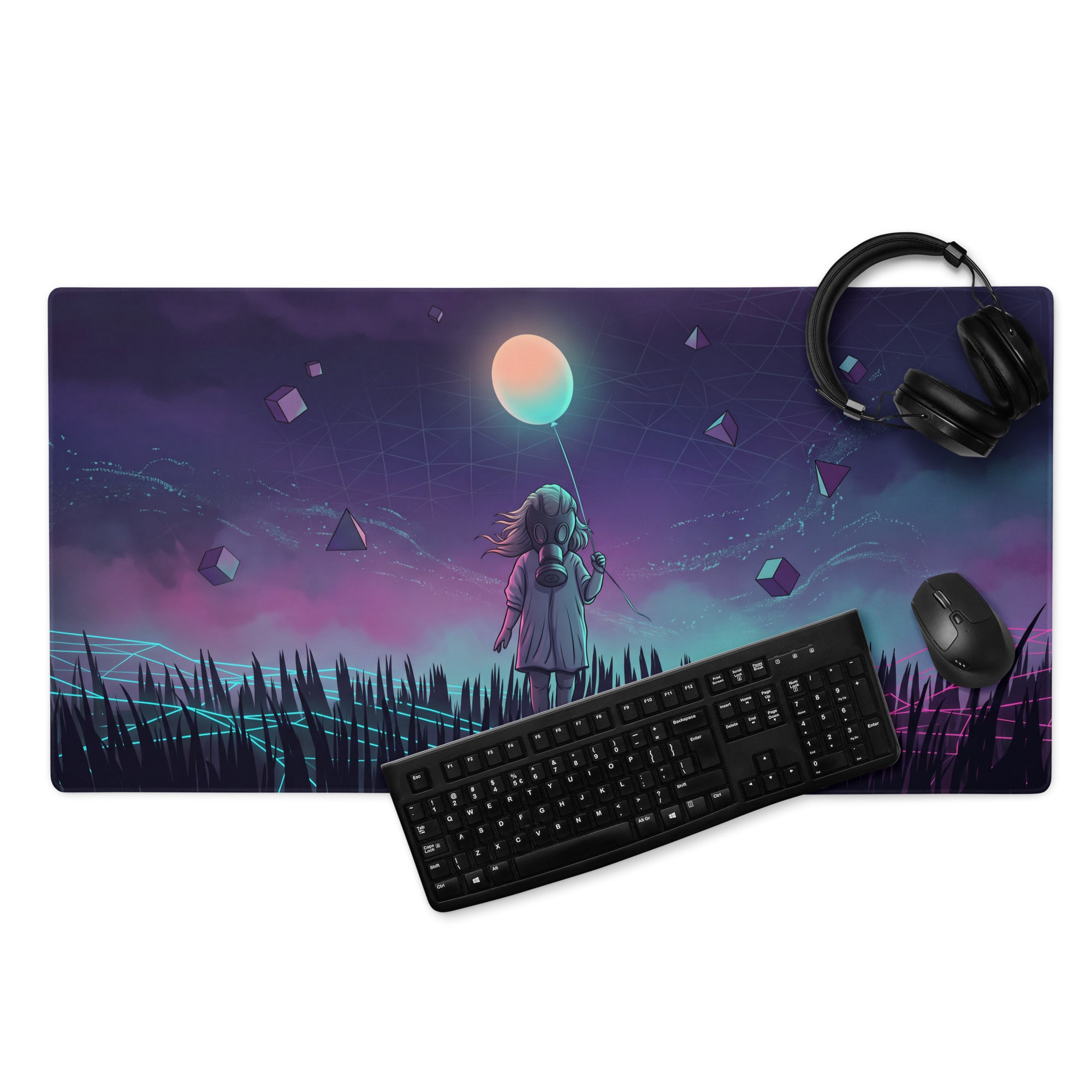 Vaporwave neon gaming mouse pad with vibrant surreal child in gas mask holding glowing balloon on purple pink sky