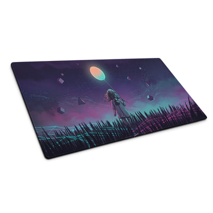 Nebula-themed vaporwave neon gaming mouse pad with stylized anime girl and glowing balloon in purple pink teal hues