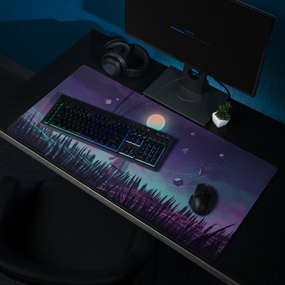 Purple and teal vaporwave neon gaming mouse pad with glowing grass moon and geometric shapes for retro futurist setup