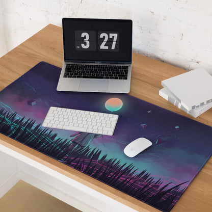 Vibrant purple and teal vaporwave neon gaming mouse pad with stylized figure in grassy terrain under glowing orb