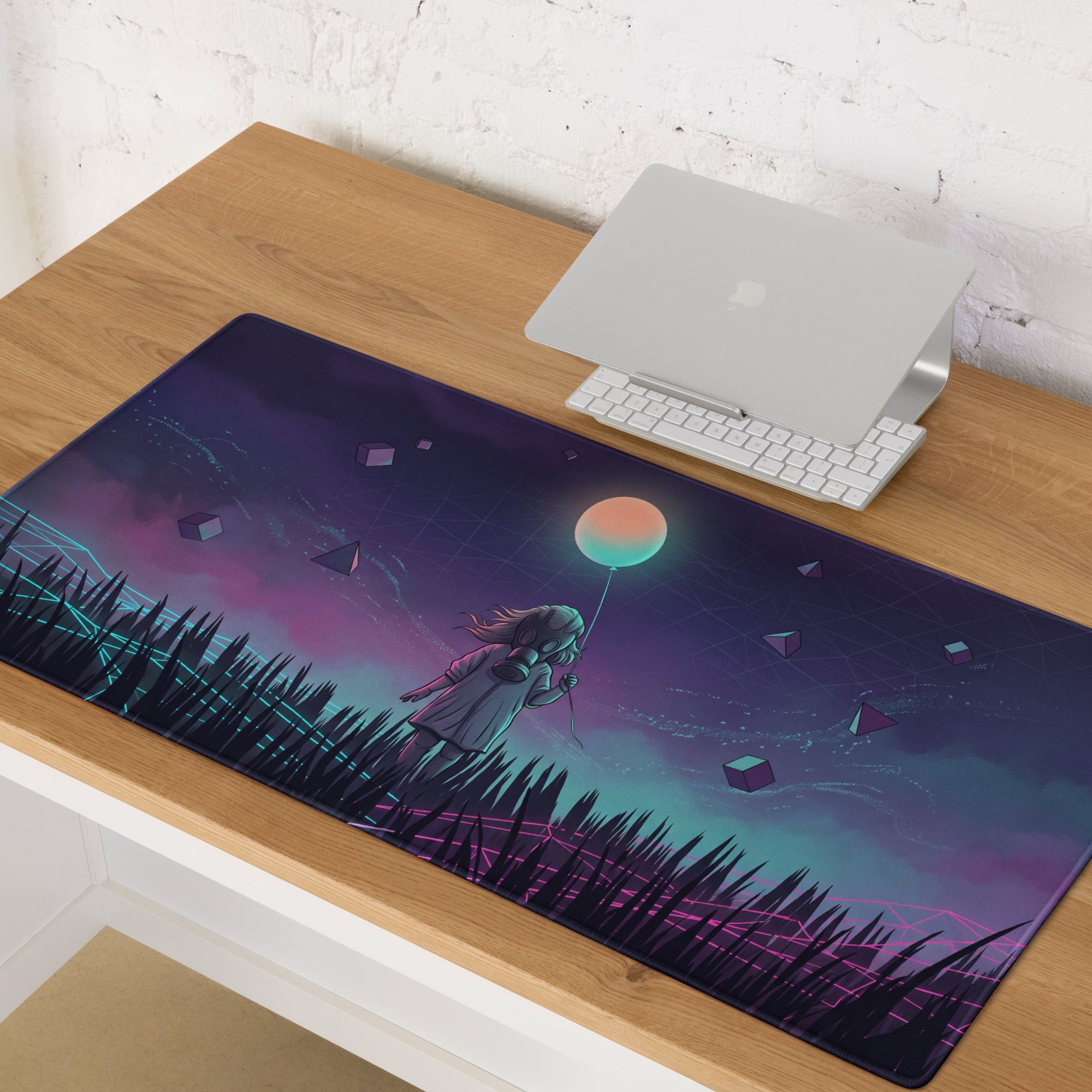 Vaporwave neon gaming mouse pad with purple and teal gradient featuring a girl holding a glowing balloon in a cyberpunk sky