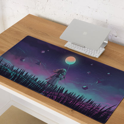Vaporwave neon gaming mouse pad with purple and teal gradient featuring a girl holding a glowing balloon in a cyberpunk sky