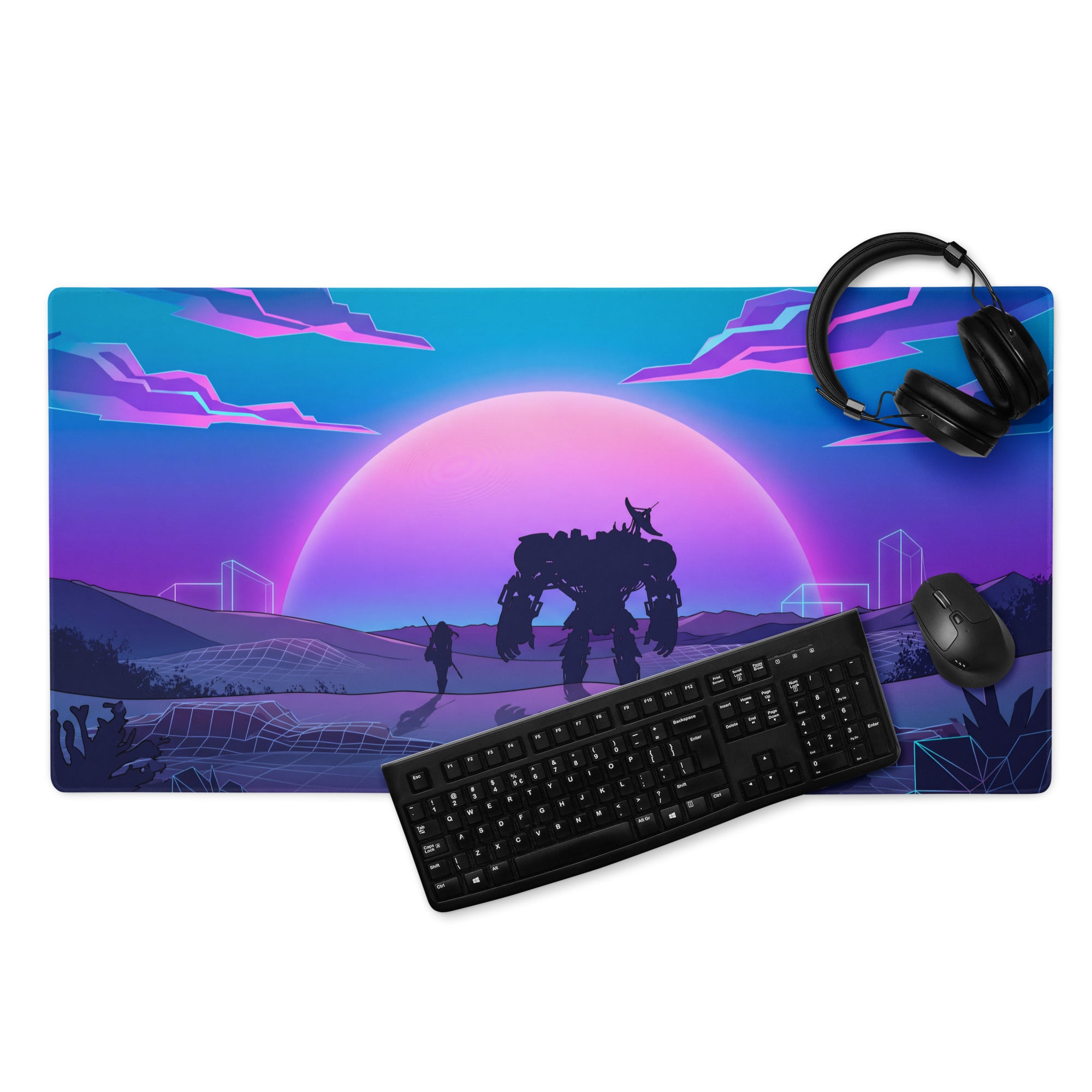 Vaporwave neon sunset gaming mouse pad with vibrant purple blue pink retro futuristic design and giant robot silhouette