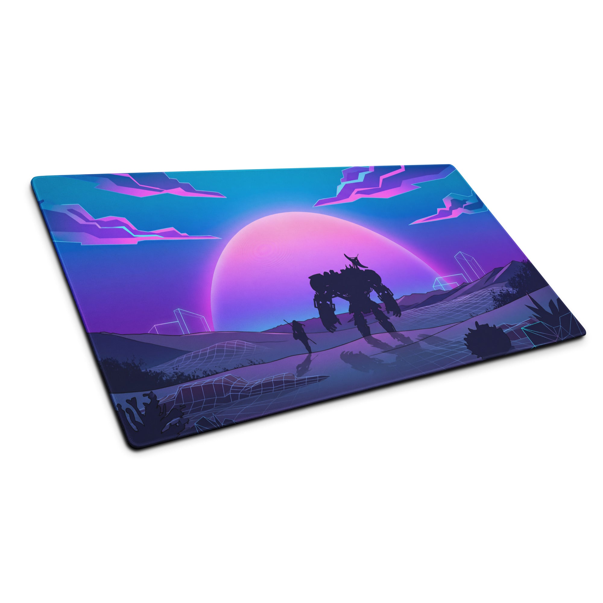 Rectangular vaporwave neon sunset gaming mouse pad with vibrant purple and blue retro-futuristic robot design