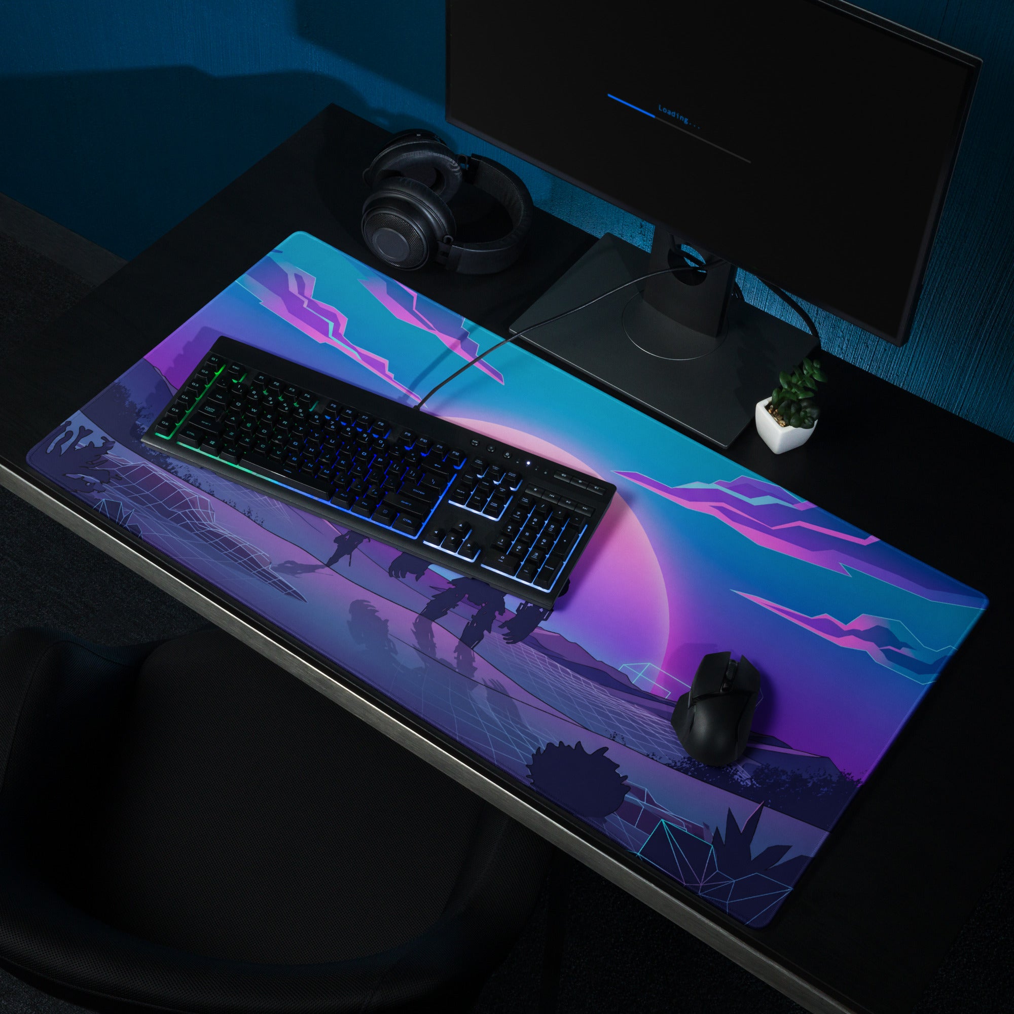 Vibrant neon purple and blue vaporwave neon sunset gaming mouse pad with glowing geometric patterns for desks