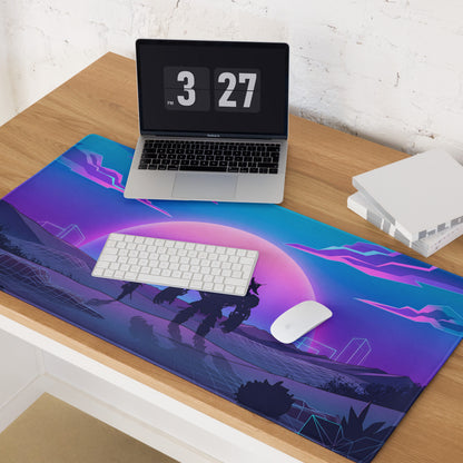 Vaporwave neon sunset gaming mouse pad with vibrant purple and blue colors featuring silhouetted figures and glowing pink moon