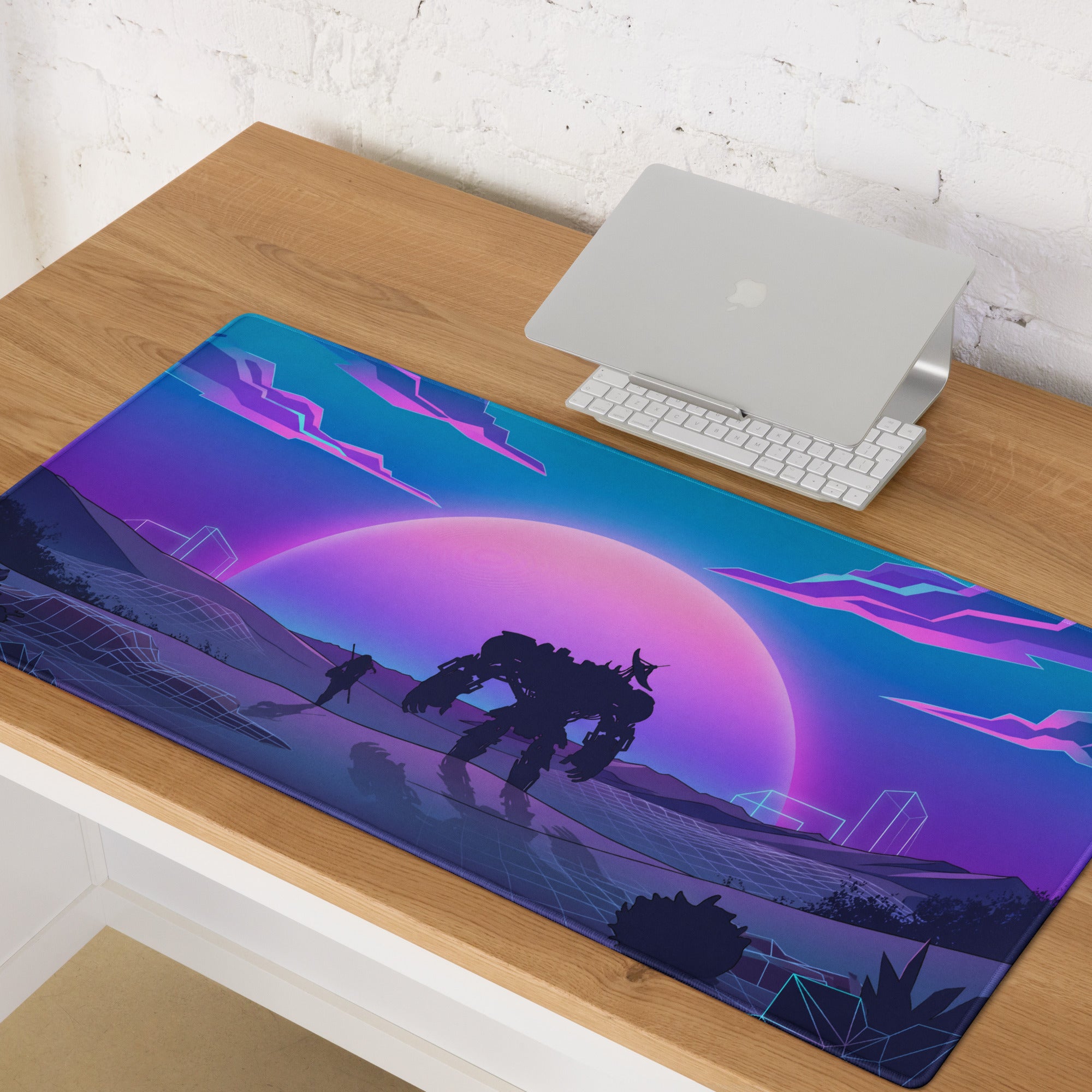 Vaporwave neon sunset gaming mouse pad with vibrant purple blue neon design and robotic silhouettes on glowing pink planet