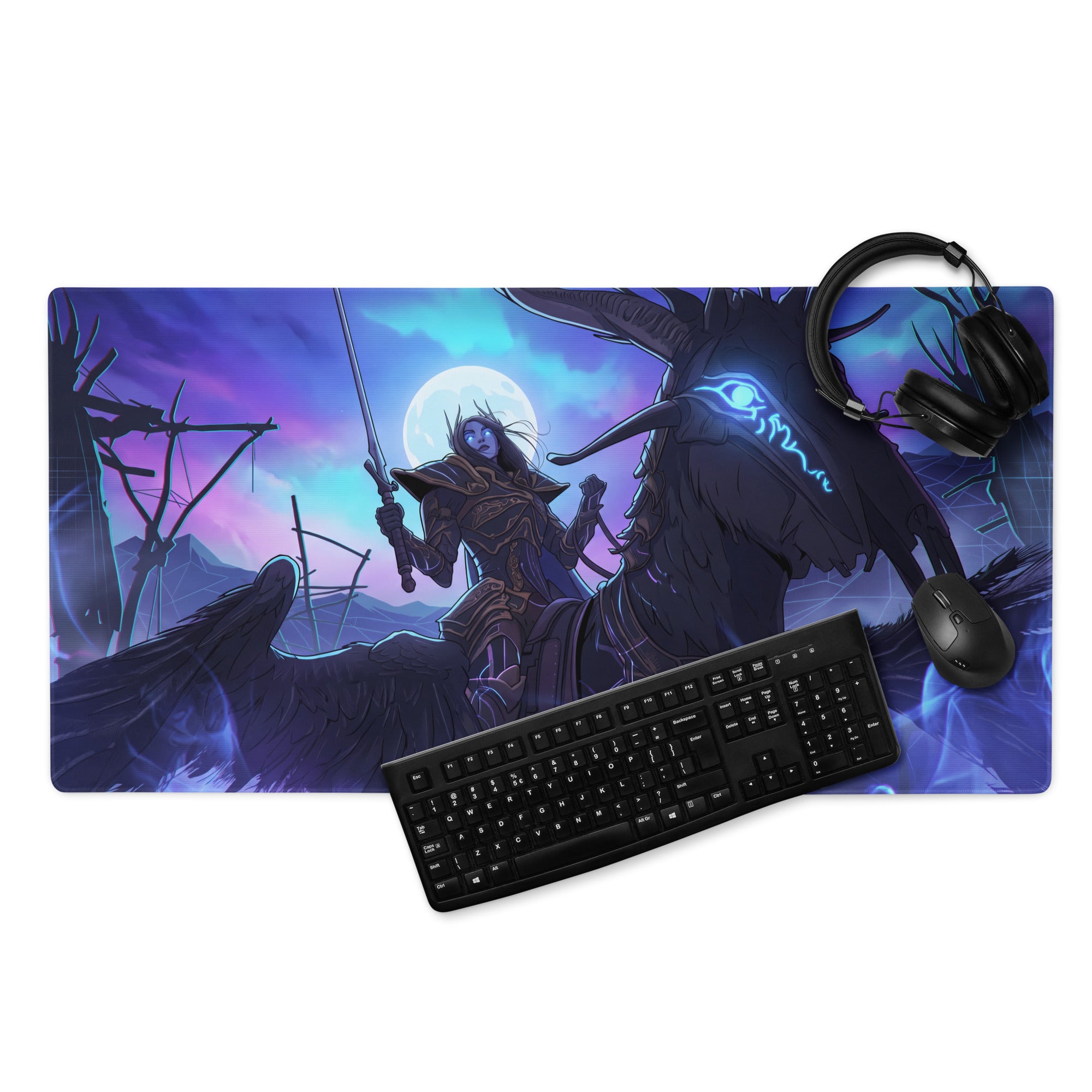 Neon dragon vaporwave desk pad featuring vibrant purple and blue fantasy illustration of dark-skinned warrior on horseback
