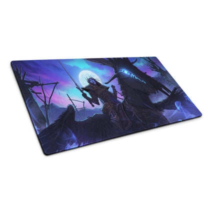 Neon dragon vaporwave desk pad with purple and blue design featuring a dark armored figure on horseback under a glowing moon