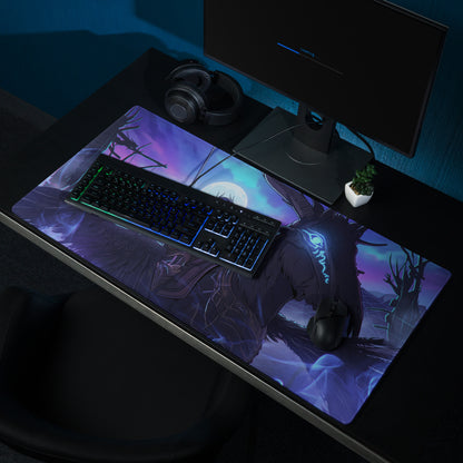 Neon dragon vaporwave desk pad featuring a purple and blue fantasy gaming mousepad with a dark winged creature illustration