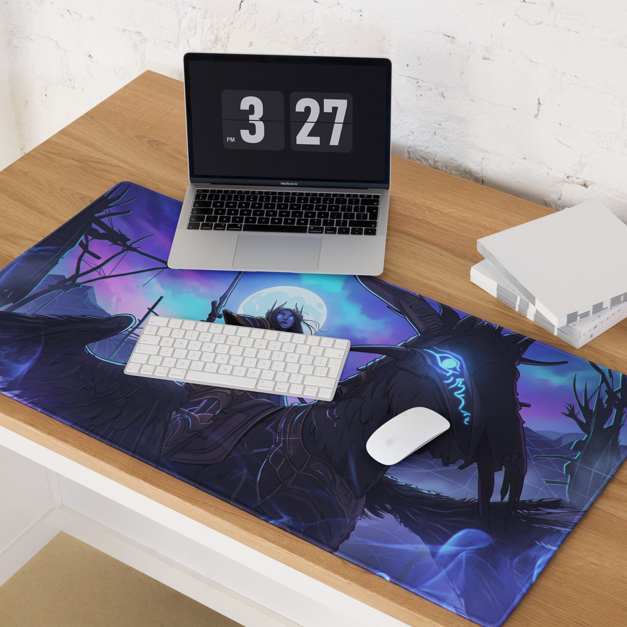 Neon dragon vaporwave desk pad featuring purple and blue fantasy design with a dark winged creature under a glowing moon