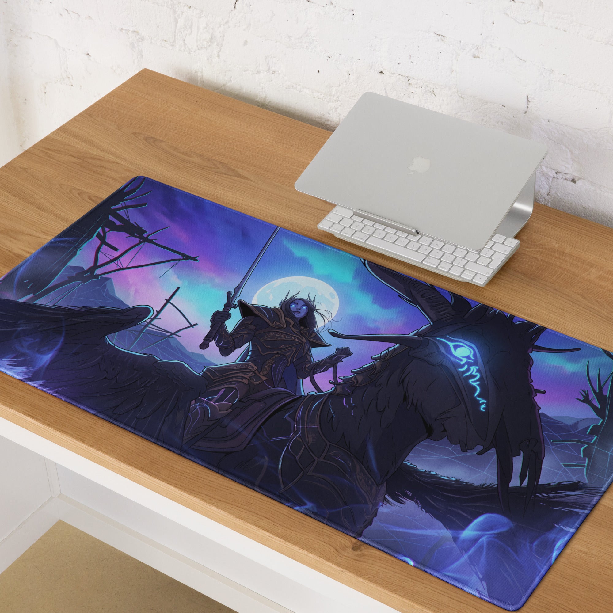 Neon dragon vaporwave gaming mousepad in vibrant purple and blue featuring a dark fantasy character on horseback under a glowing moon