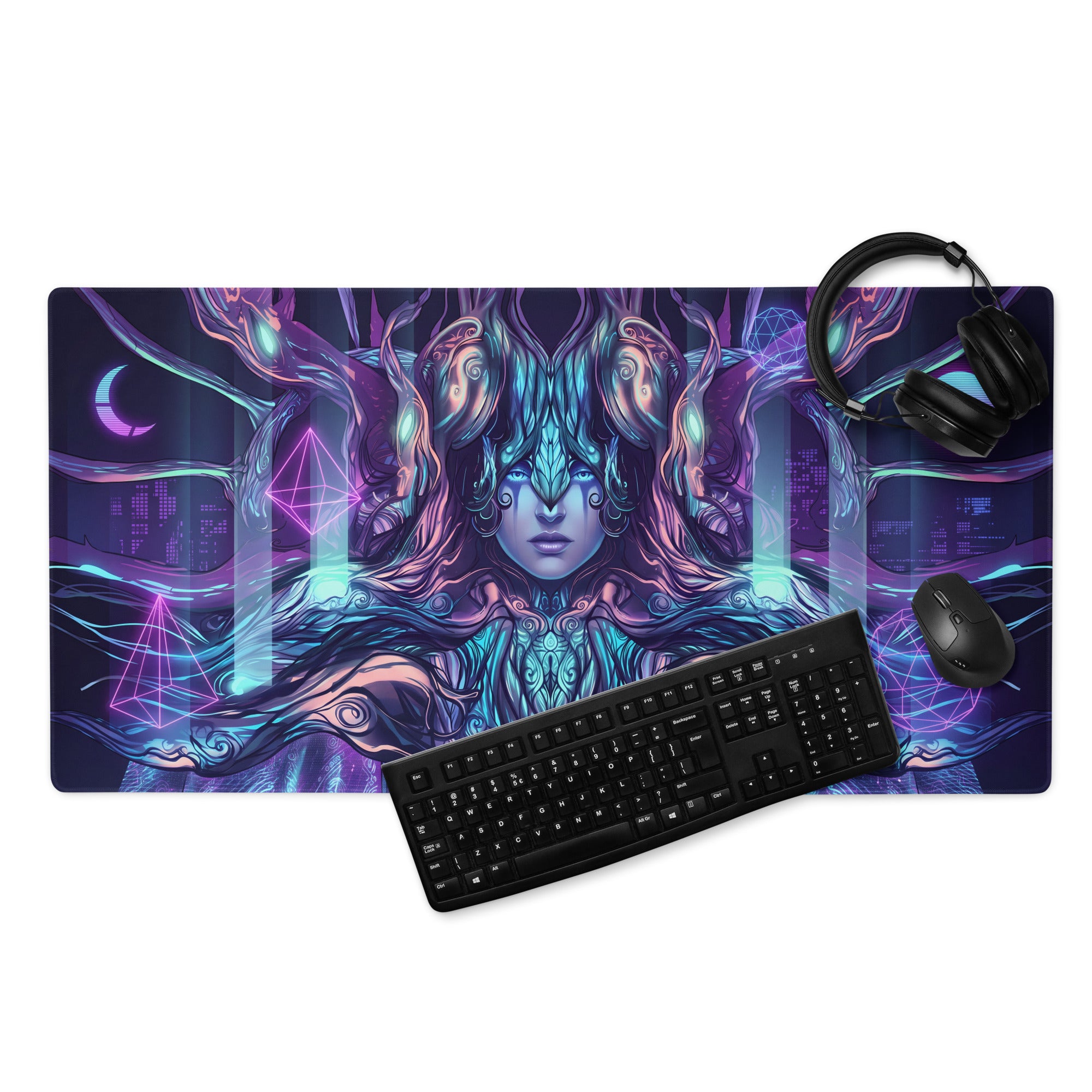 Vaporwave neon goddess gaming mousepad with vibrant neon purple and teal cybernetic woman and geometric patterns
